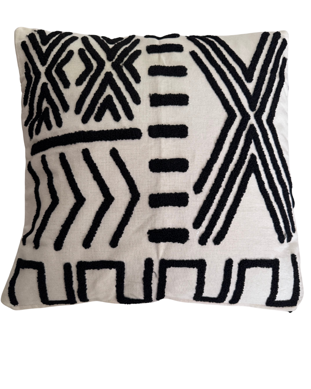 Decorative pillow with black geometric pattern on a white background