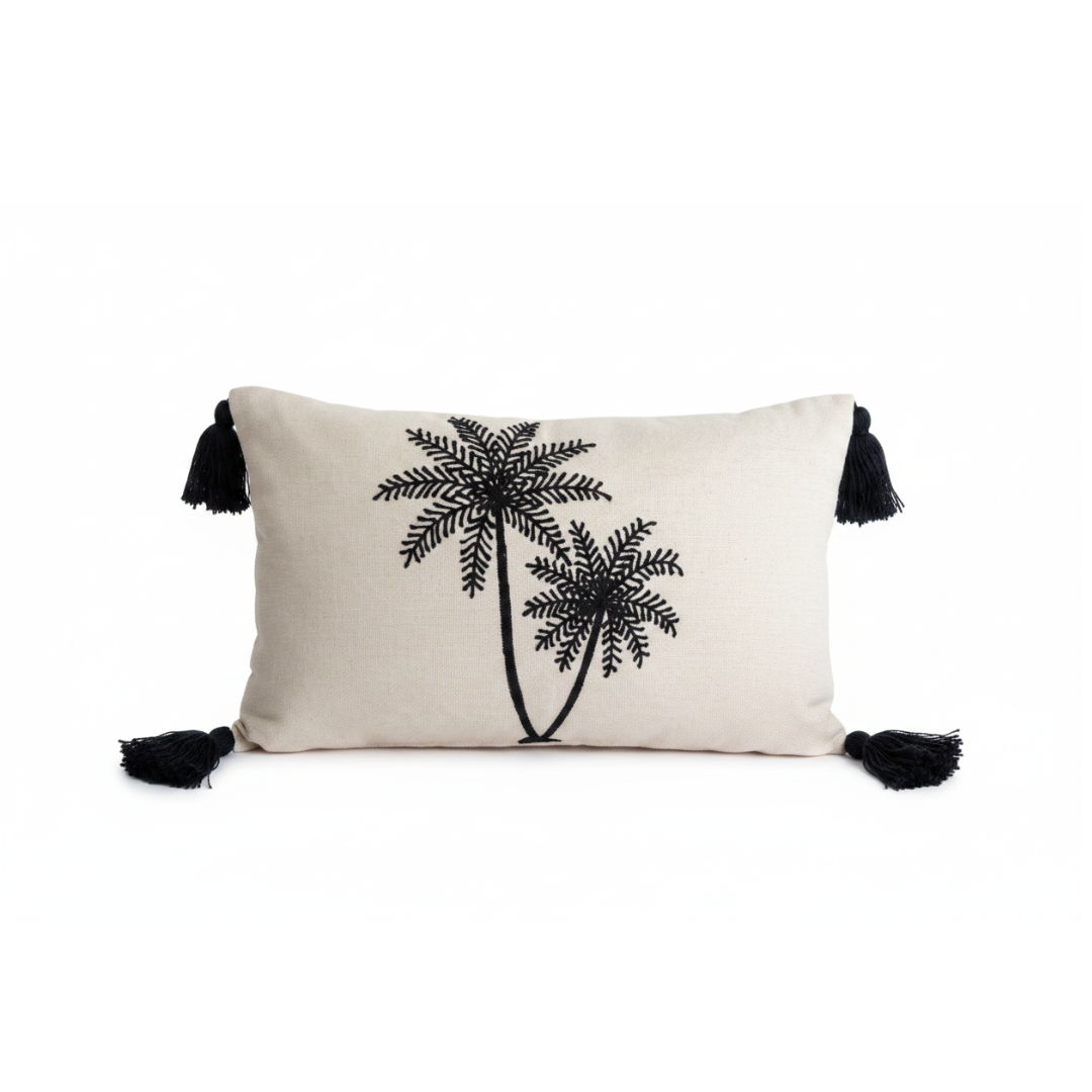 Palm tree embroidered lumbar cushion cover with black tassels