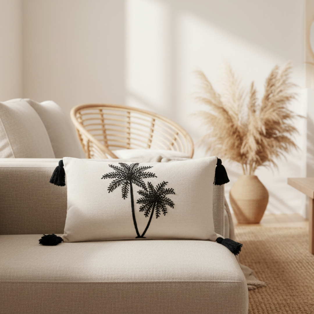 White linen lumbar cushion with black tassels styled on a natural sofa in a coastal living room