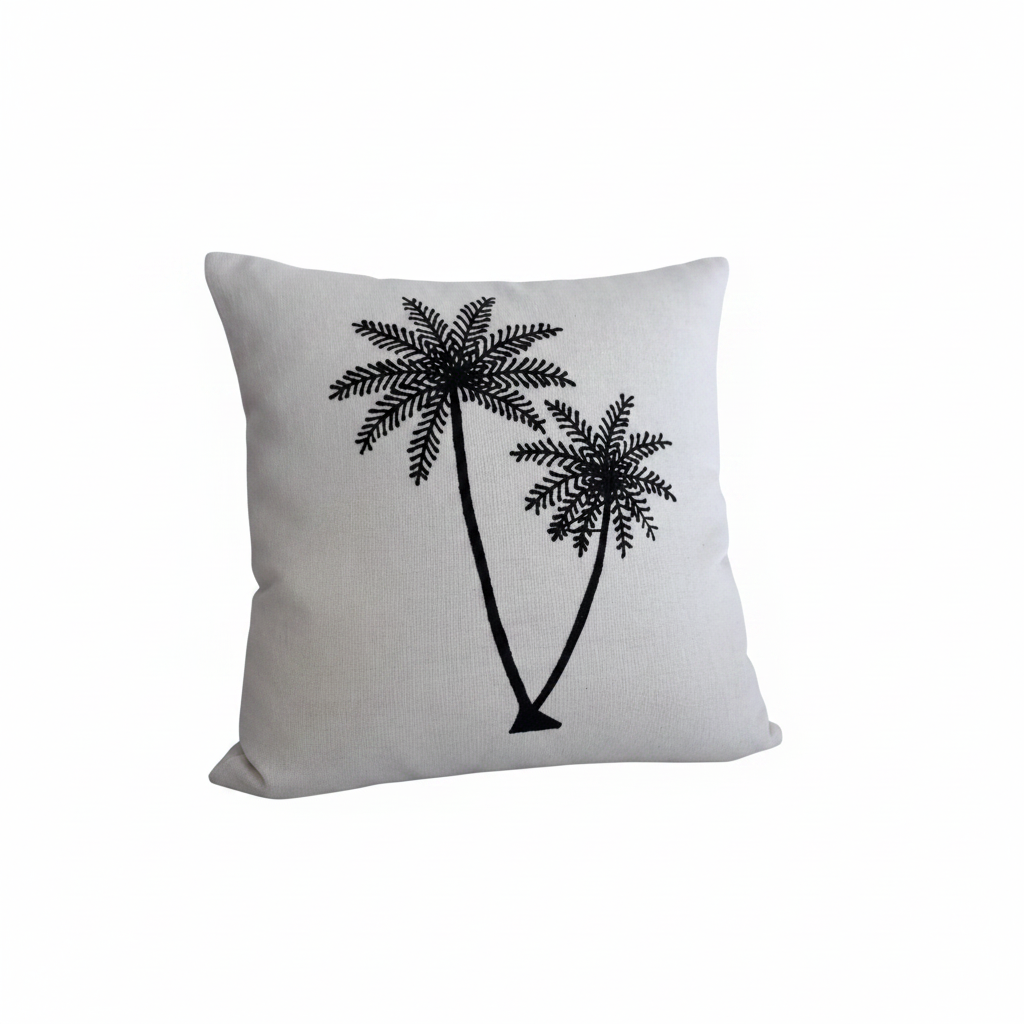 Embroidered palm tree cushion cover in white linen