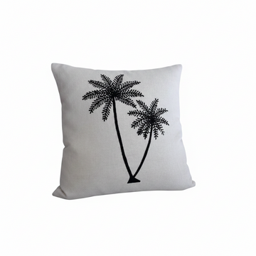 Embroidered palm tree cushion cover in white linen