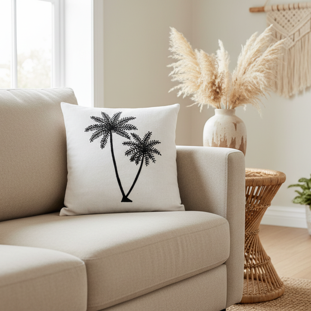 Embroidered palm tree cushion cover in white linen