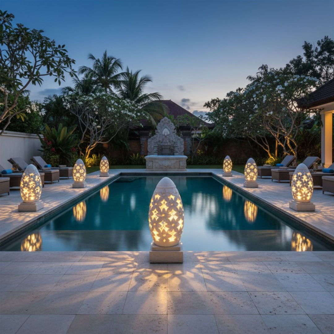 Illuminated dome-shaped outdoor lanterns with frangipani cutout patterns glowing at dusk, arranged around a rectangular pool in a tropical Balinese garden setting
