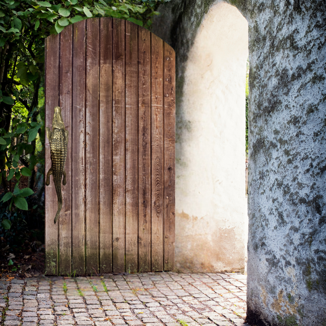 Wooden gate with a decorative handle in a garden setting