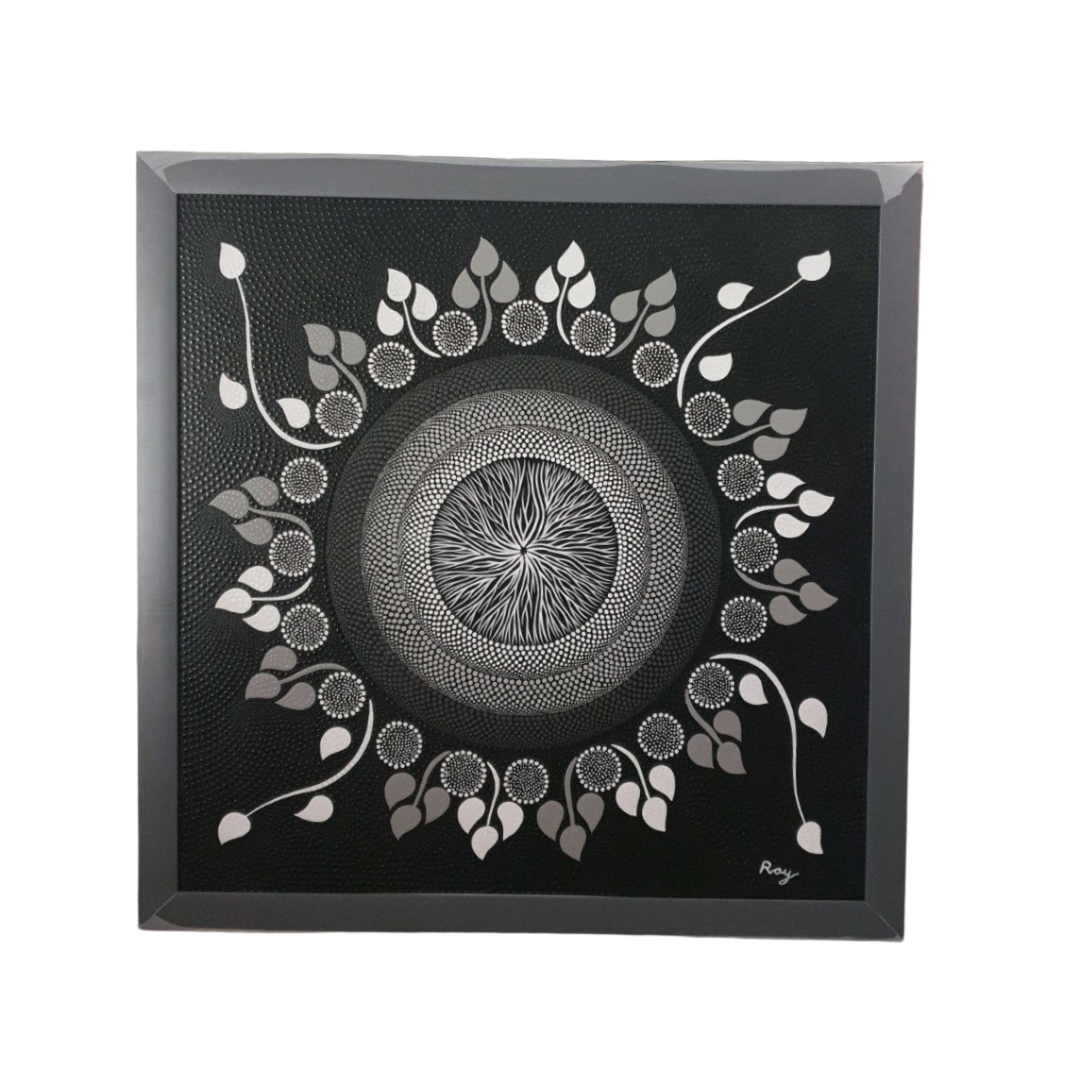 A dot art painting on a dark canvas, featuring a spiral center with leaf-like shapes and a pattern of dots in black, white, and gray radiating outward.