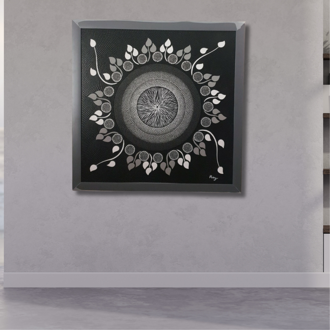 A dot art painting on a dark canvas, featuring a spiral center with leaf-like shapes and a pattern of dots in black, white, and gray radiating outward.