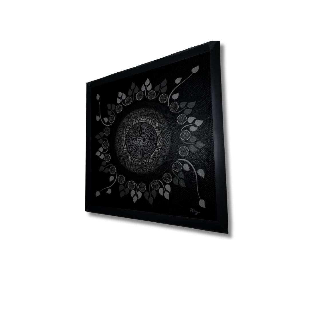 A dot art painting on a dark canvas, featuring a spiral center with leaf-like shapes and a pattern of dots in black, white, and gray radiating outward.