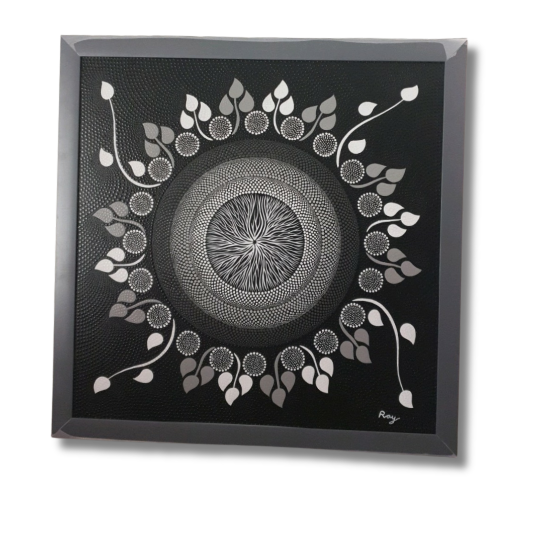 A dot art painting on a dark canvas, featuring a spiral center with leaf-like shapes and a pattern of dots in black, white, and gray radiating outward.