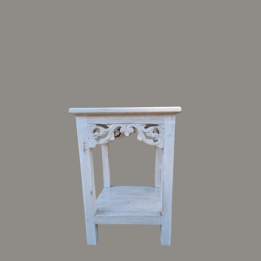 Distressed White Wooden Display Stand – Small 50cm – carved scroll detail and two-tier shelf, whitewash blue-grey finish | Azure Decor