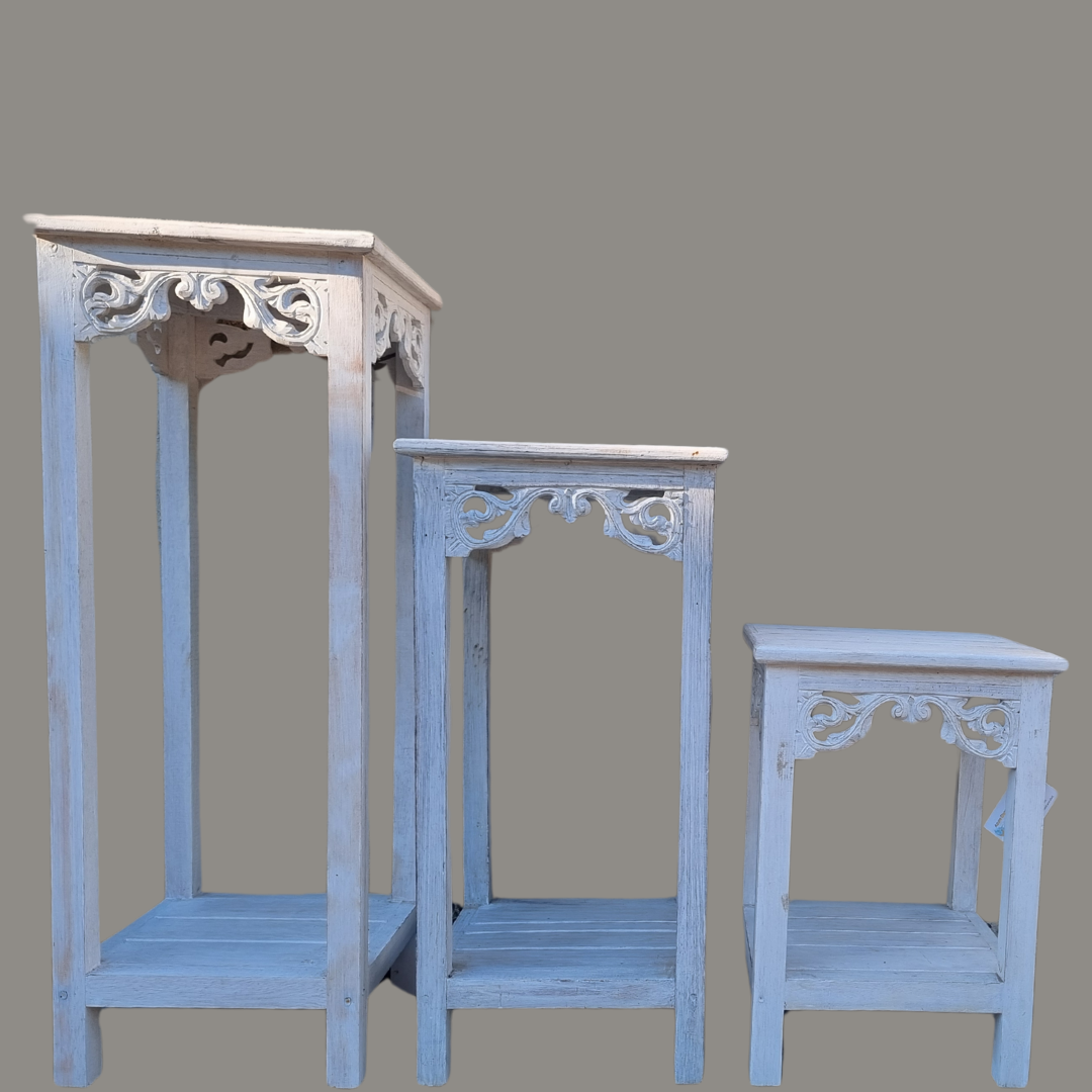 Distressed White Wooden Display Stands set of three sizes – small, medium and large – with carved scroll detail and two-tier shelf, whitewash blue-grey finish | Azure Decor