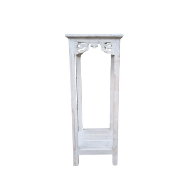 Distressed White Wooden Display Stand – Large 90cm – carved scroll detail and two-tier shelf, whitewash blue-grey finish | Azure Decor