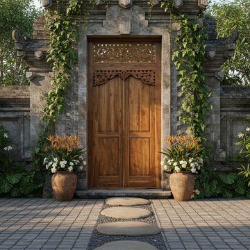 Wooden door with decorative carvings flanked by potted plants and stone steps leading to it.