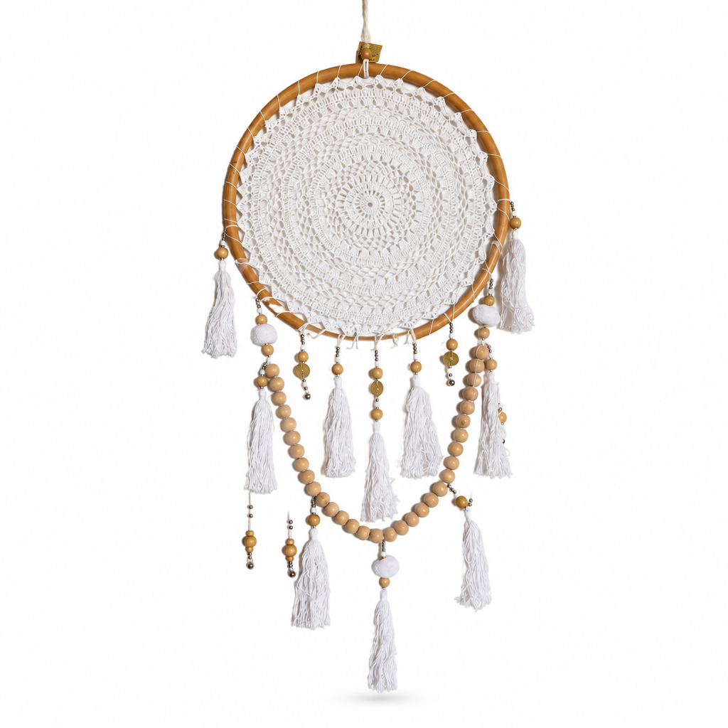 White boho dream catcher with crochet centre and wooden beads