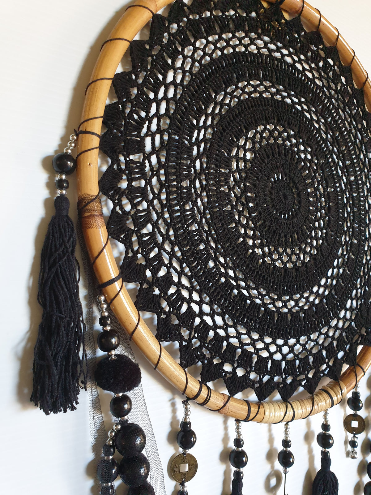 Black dream catcher, 100cm x 45cm, with natural rattan hoop