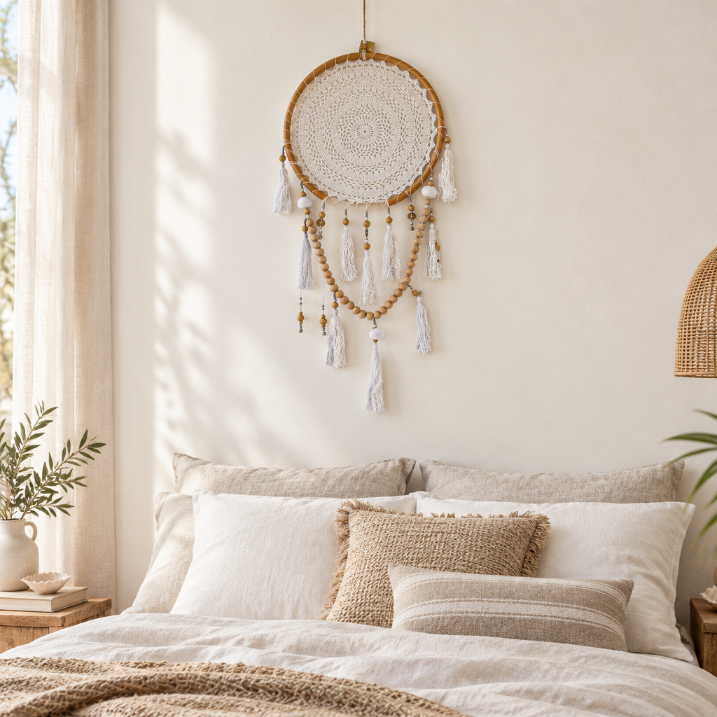 A bohemian-style dreamcatcher with white tassel charms and wooden beads hangs on a cream-colored wall above a bed with neutral-toned bedding and pillows.