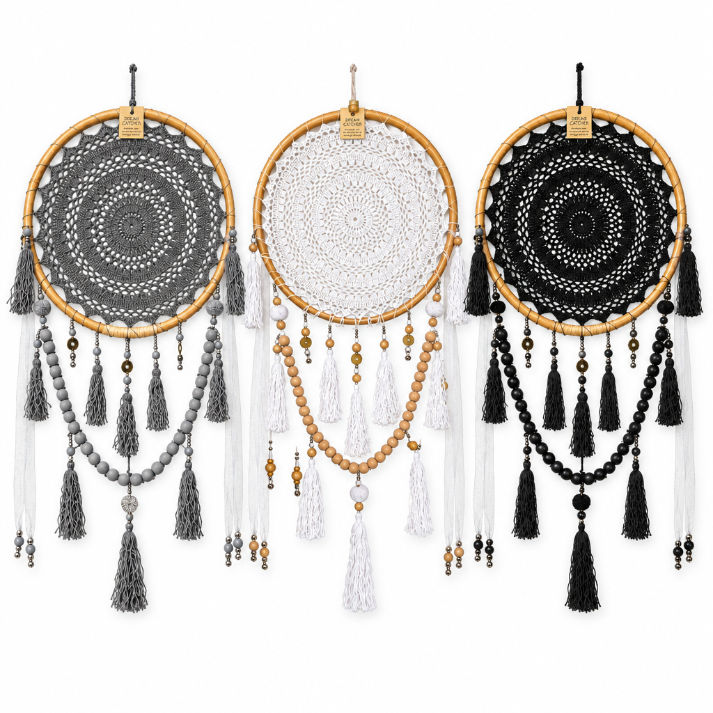 Dream catcher in grey, white and black, side by side