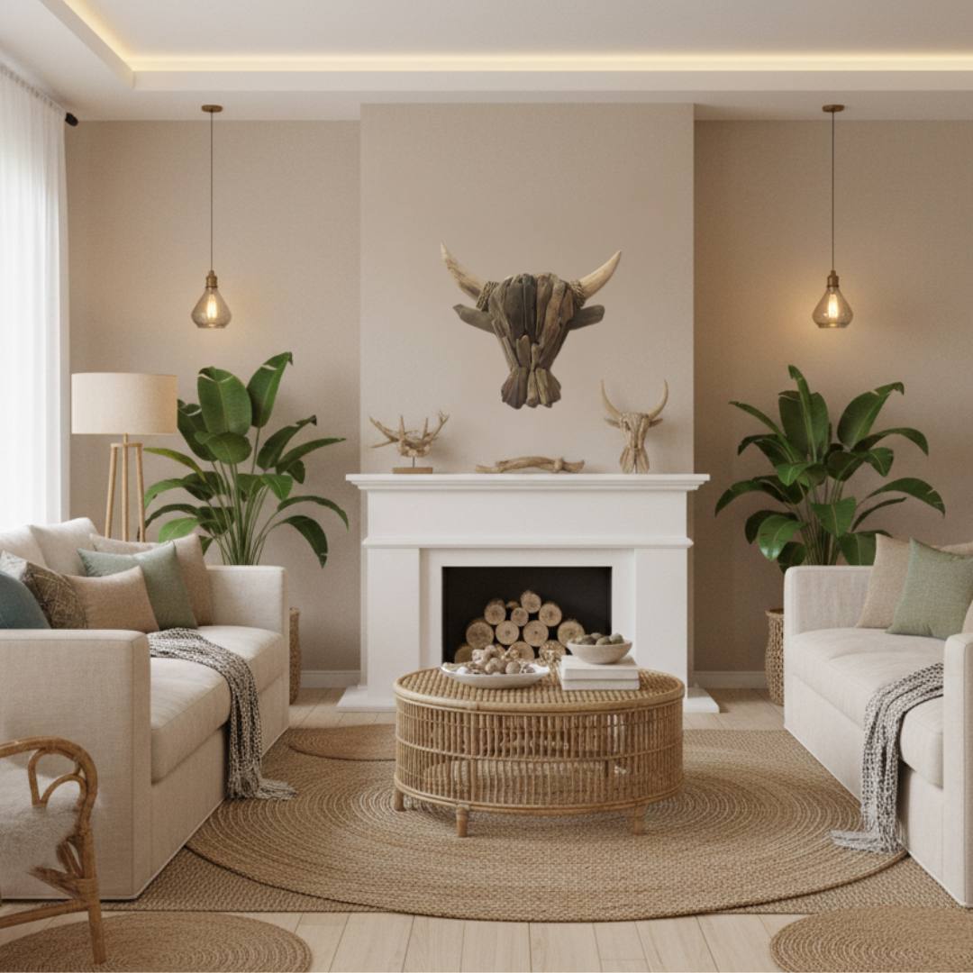 Driftwood buffalo bull head wall art styled in a boho coastal living room with rattan furniture, jute rug and natural linen — Azure Decor
