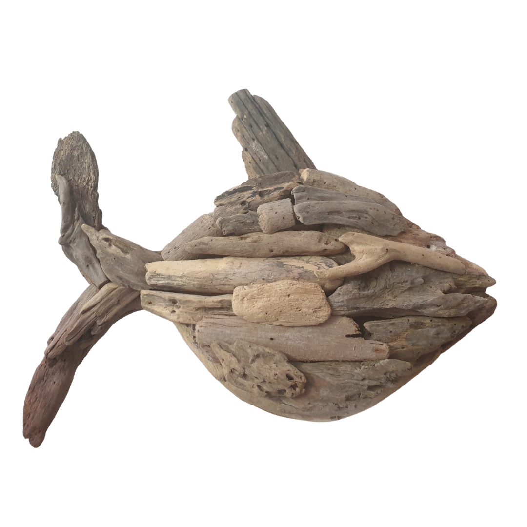 driftwood fish artwork on a white back ground