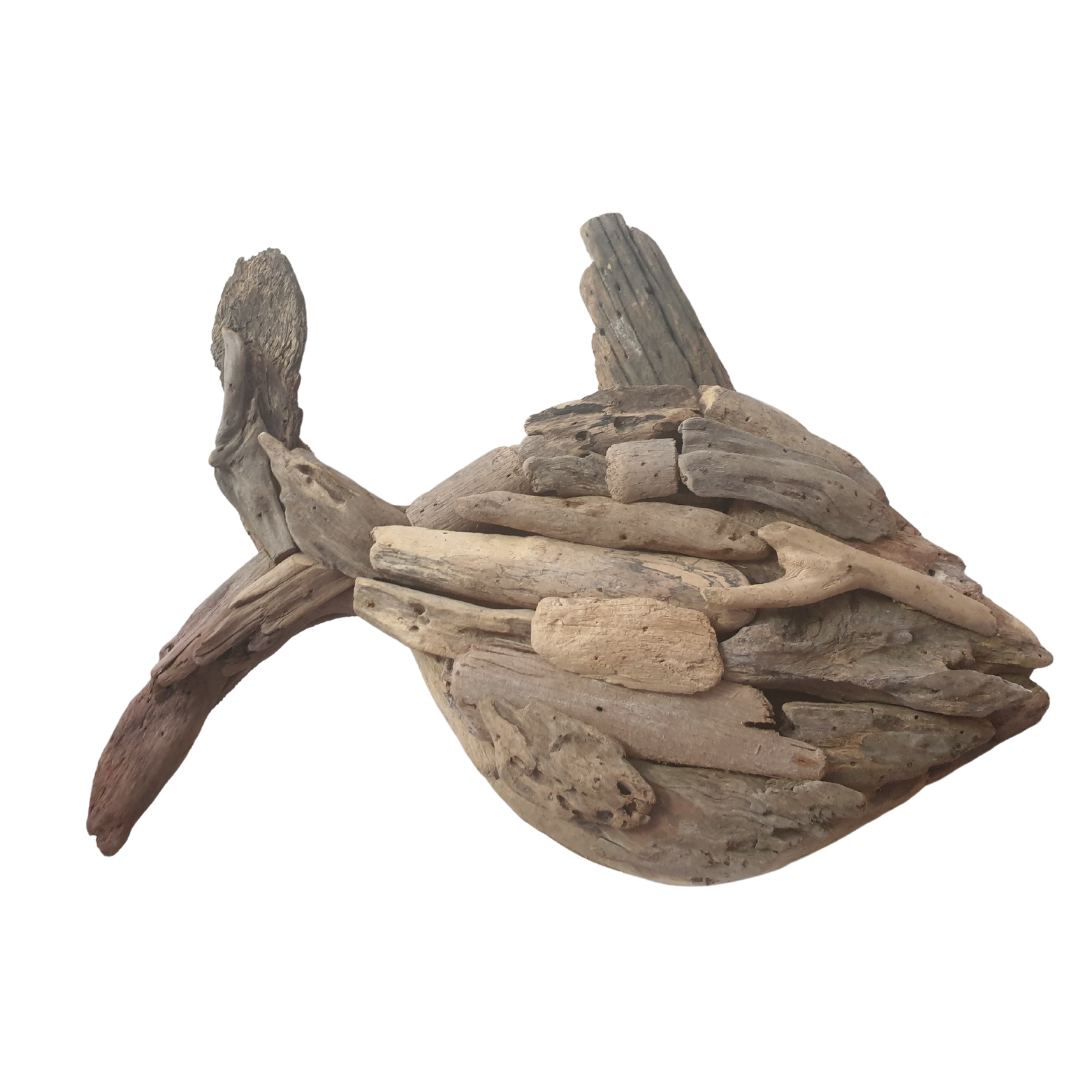 wooden driftwood artwork on a white back wall 