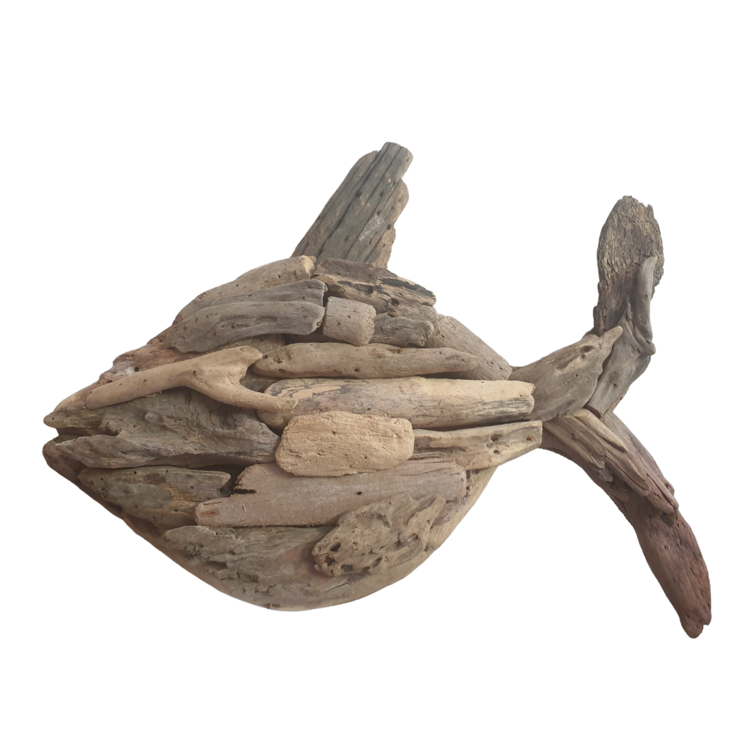 A wall-mounted driftwood fish art piece in a boho style, displayed against a white background with wooden flooring.