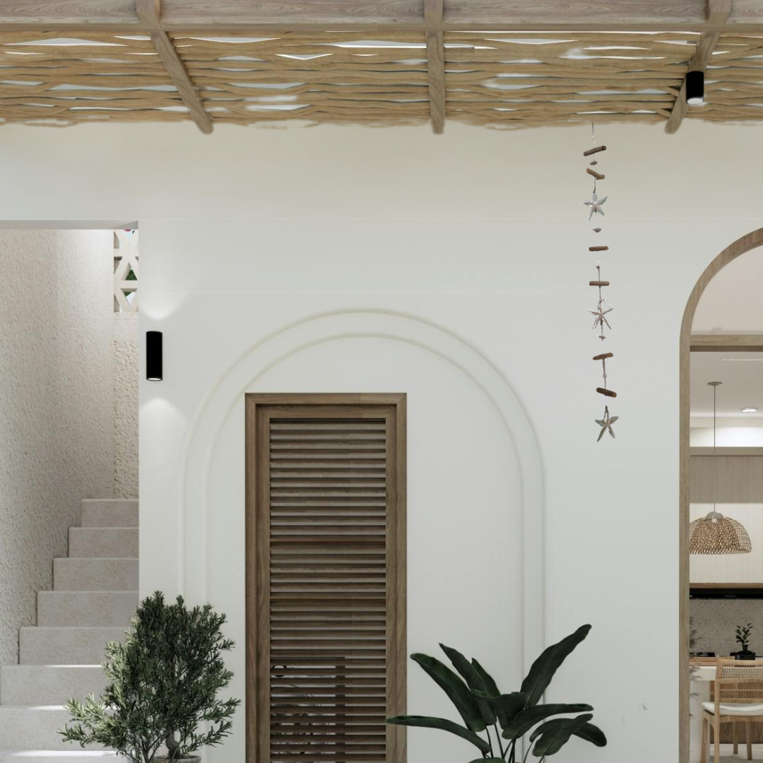 Modern interior with wooden ceiling, white walls, and decorative elements.