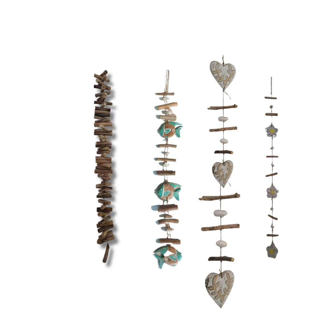 A collection of driftwood hanging decorative art pieces, featuring various natural elements like wood, shells, fish hearts and so much more style available hand and arranged vertically.