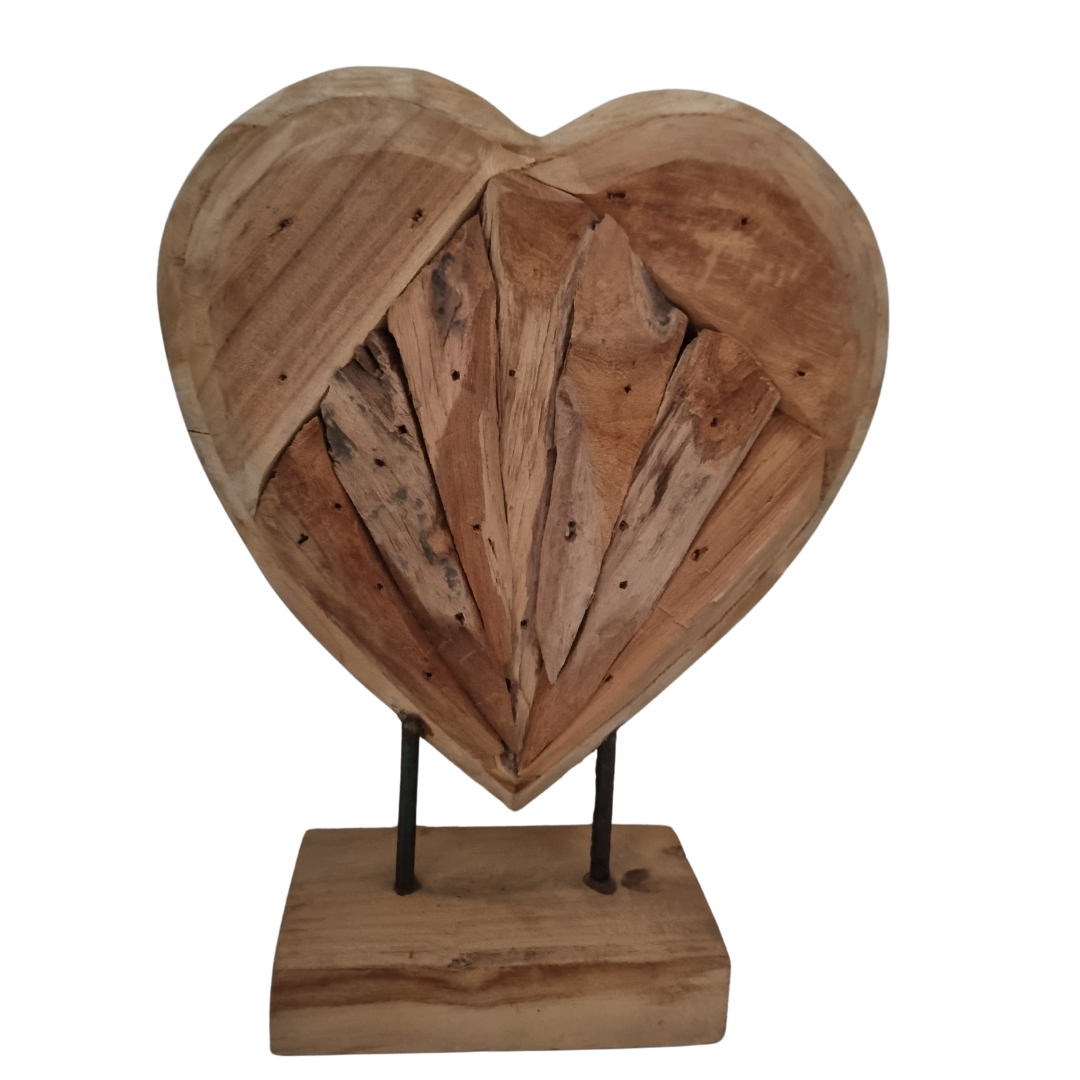 Handcrafted solid teak driftwood heart sculpture on rectangular steel pin base — intricate radiating wood grain pattern, 31 x 24 x 5cm