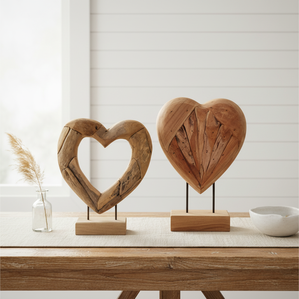 Handcrafted open and solid driftwood teak heart sculptures styled together on a coastal timber console with dried pampas grass and white ceramic bowl — coastal boho home decor pair