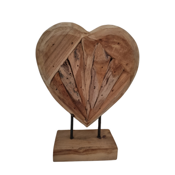 Handcrafted solid teak driftwood heart sculpture on rectangular steel pin base — intricate radiating wood grain pattern, 31 x 24 x 5cm