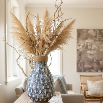 Teardrop-shaped pot with black grey distressed finish and raised oval dots, woven jute collar at the opening, filled with dried pampas grass and bleached branches, styled on a timber console in a bright neutral living room with rattan chair and abstract artwork