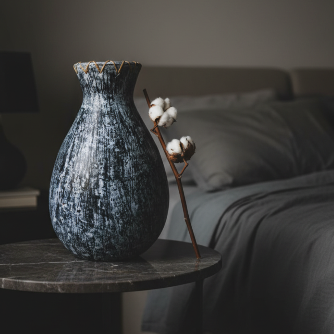 Tall teardrop-shaped pot with dark charcoal and white distressed wash finish, stitched jute detail at the rim, holding a single dried cotton stem, styled on a round dark marble side table beside a bed with charcoal linen bedding in a moody bedroom

