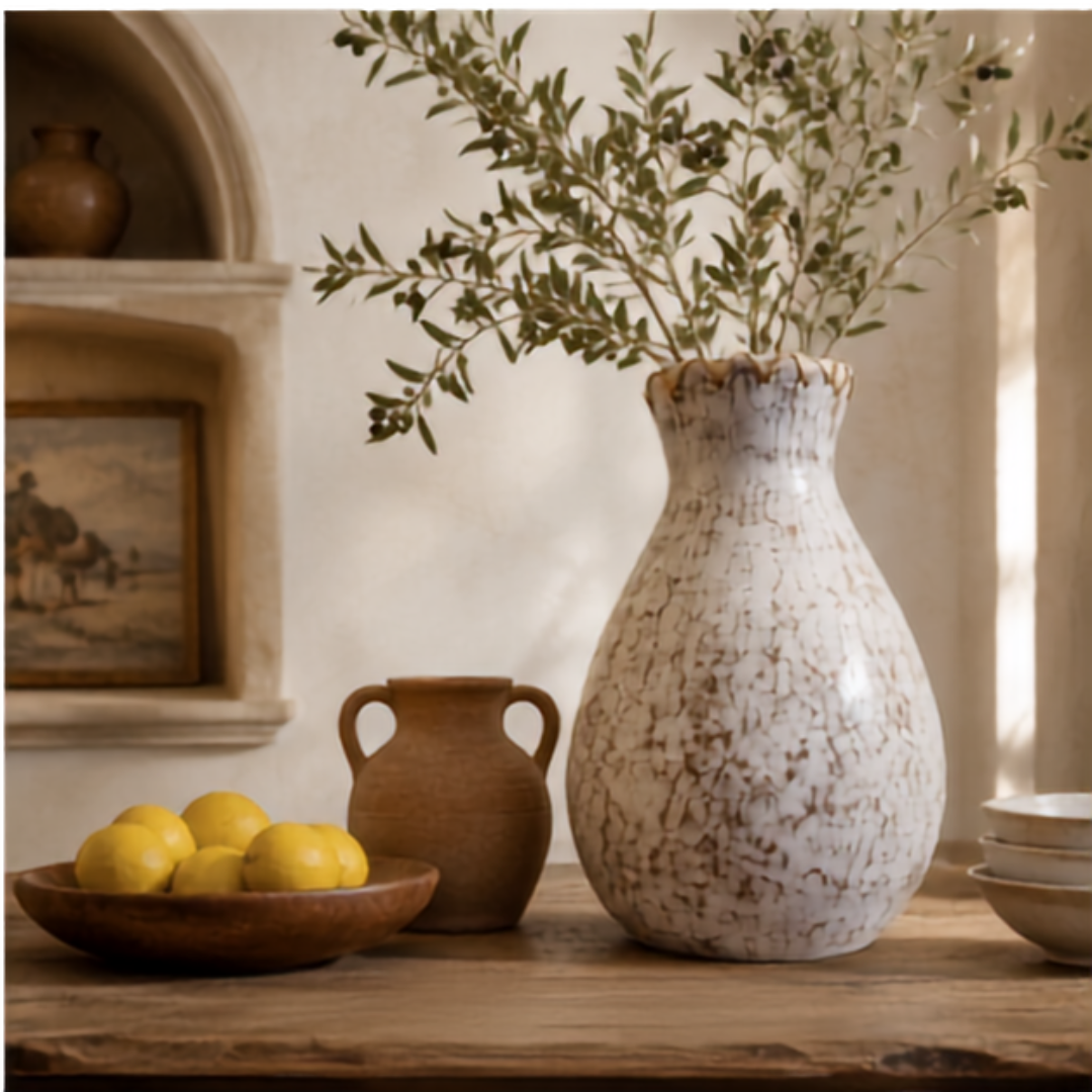 Tall teardrop-shaped pot with bleached white distressed finish and stitched jute detail at the rim, filled with olive branches, styled on a rustic timber kitchen bench alongside a small terracotta jug and a wooden bowl of lemons, warm plaster wall and arched shelving in the background