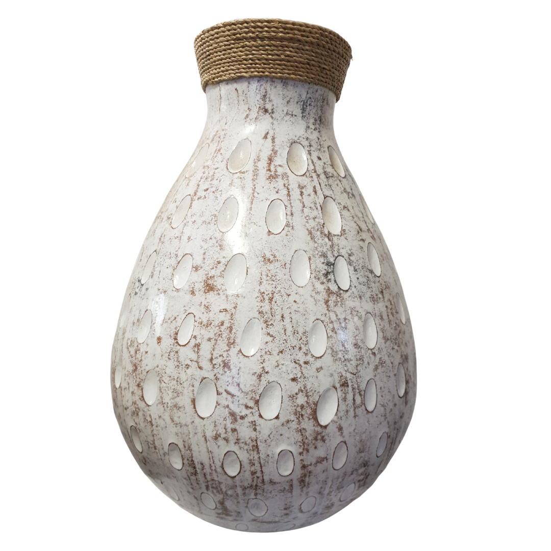 Dune Vase handcrafted terracotta in white wash with raised oval dots and woven jute collar, white background