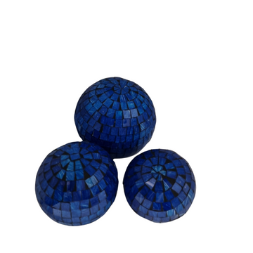 Three mosaic decorative balls in blue, each with a geometric pattern made of small tiles.