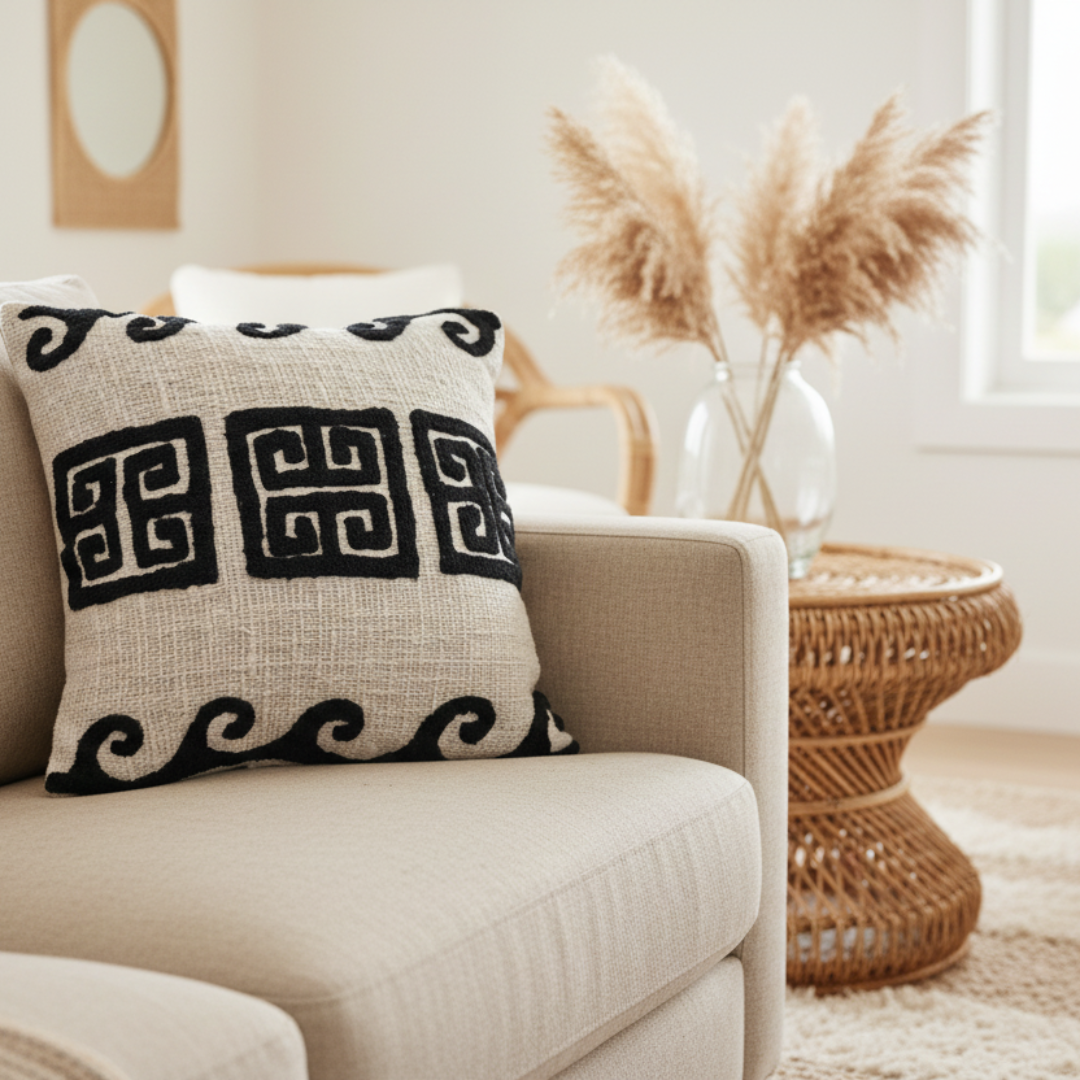 Coastal boho living room with a bold black and white Greek key patterned cushion on a linen sofa