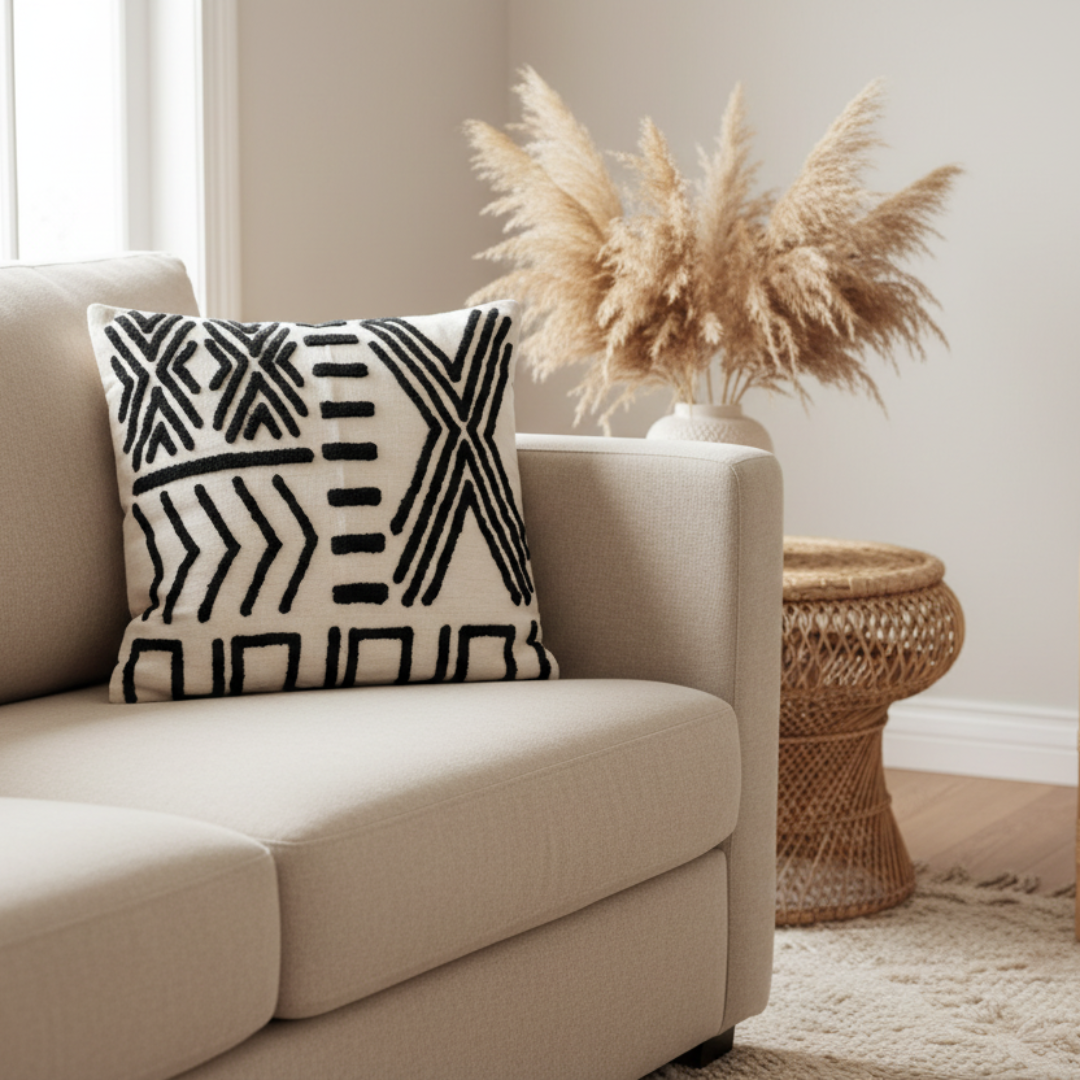 A square throw pillow with a black geometric tribal pattern on a cream background, styled on a beige sofa next to a woven side table with pampas grass.