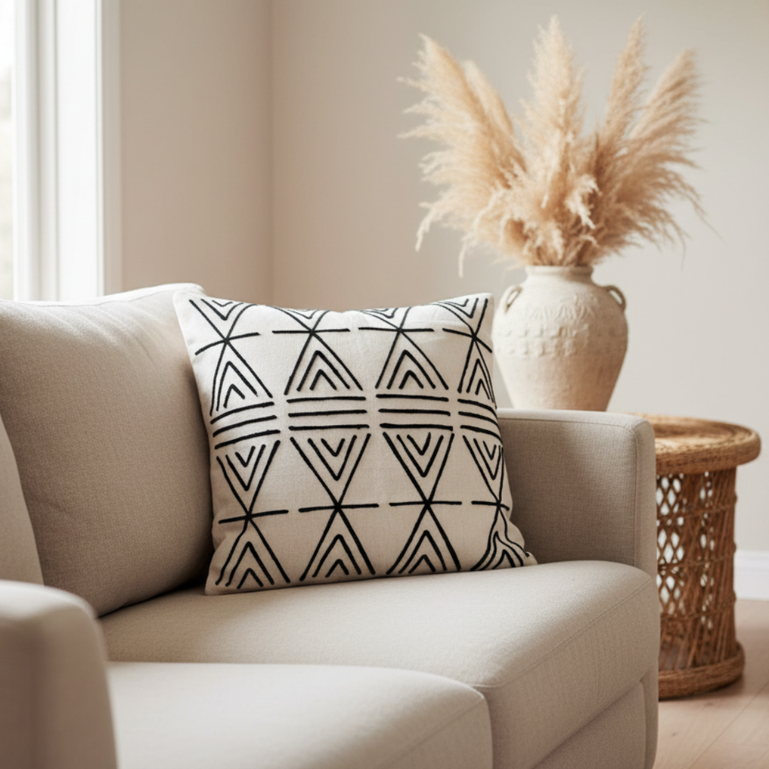 Black and white tribal triangle cushion styled with rattan and pampas grass in a coastal boho setting