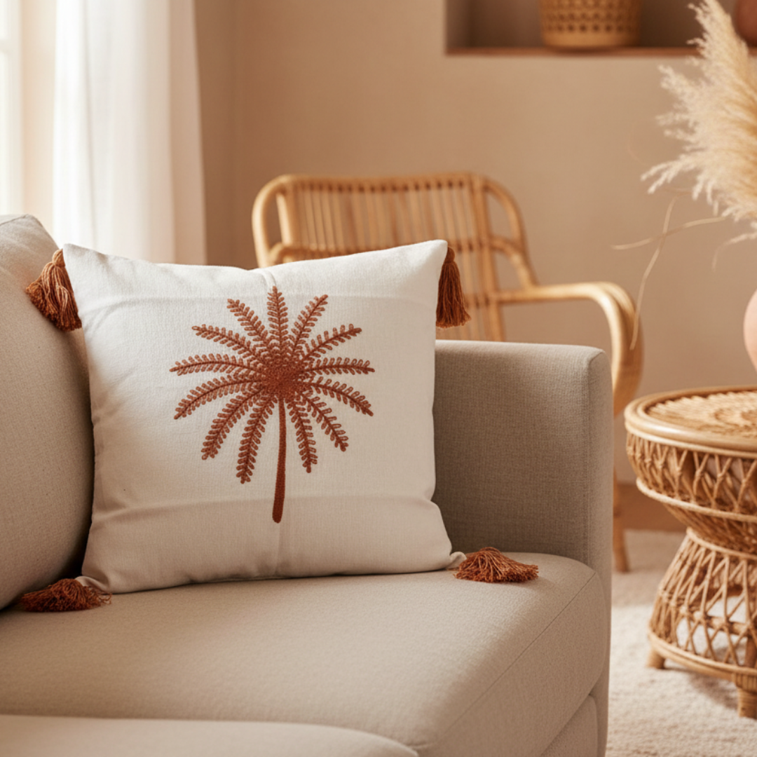 Earthy coastal boho styling with a terracotta palm cushion, rattan furniture and pampas grass