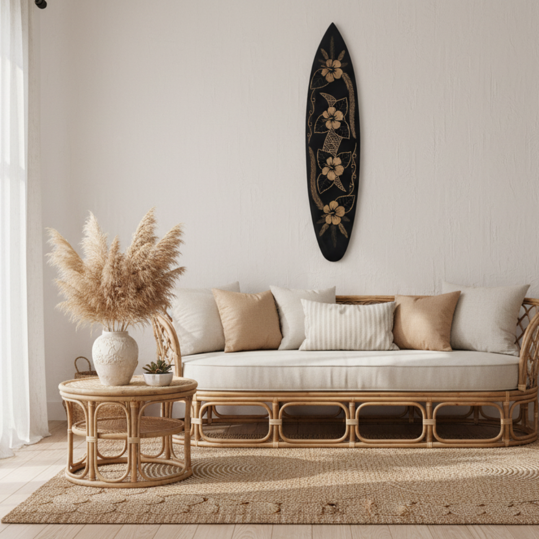 Hand-carved surfboard wall art in black with gold hibiscus flowers and tropical leaf carvings