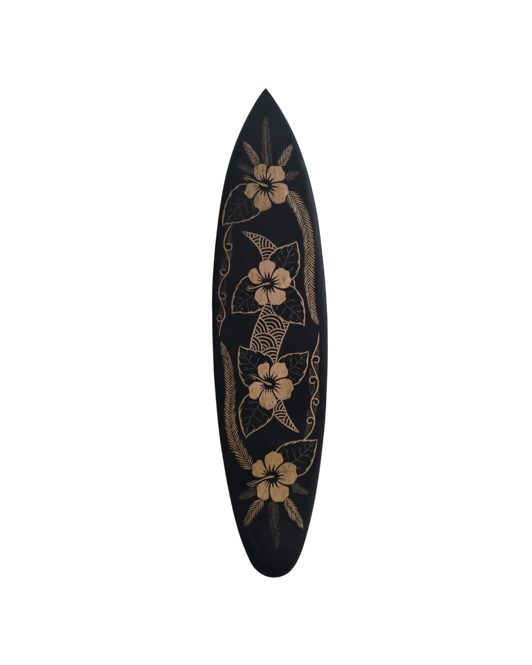 A collection of six hand-carved wooden surfboard wall art in black and natural tones, featuring various tropical designs.