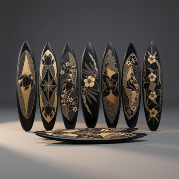 Six black hand-carved wooden surfboards with gold tropical designs including sea turtles, hibiscus flowers, dolphins, geometric patterns and wave carvings, displayed as a collection