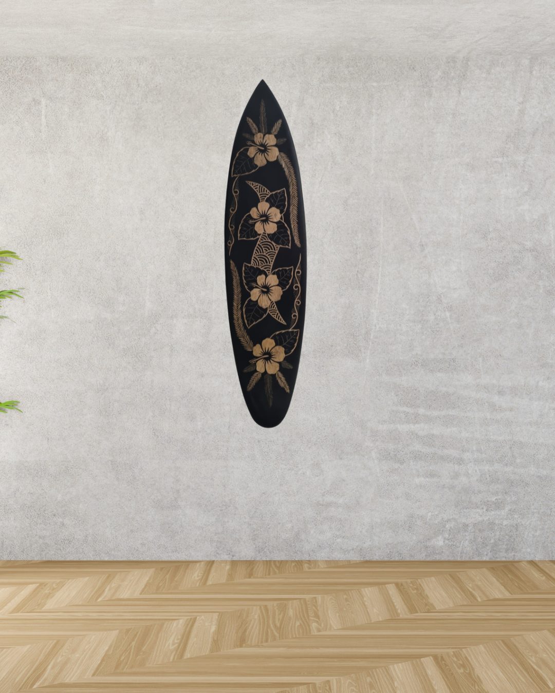 Hand-carved wooden surfboard wall art featuring hibiscus flowers throughout the center with decorative mural-style art, displayed on a soft grey wall.