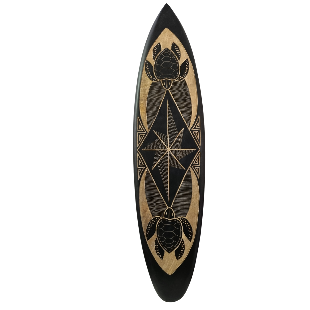A collection of six hand-carved wooden surfboard wall art in black and natural tones, featuring various tropical designs.