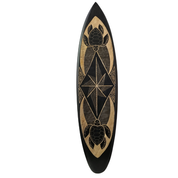 A collection of six hand-carved wooden surfboard wall art in black and natural tones, featuring various tropical designs.