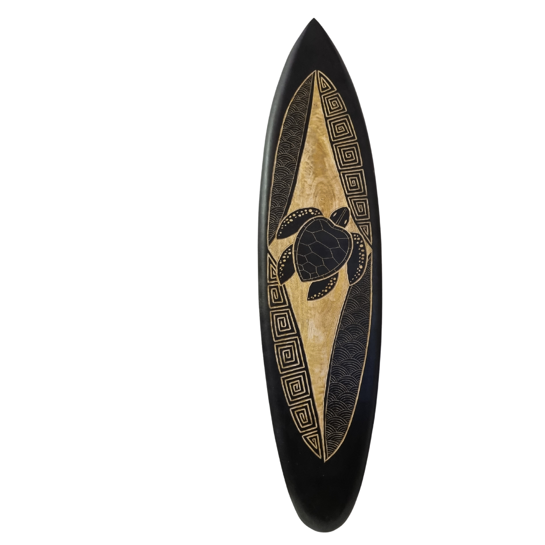 A collection of six hand-carved wooden surfboard wall art in black and natural tones, featuring various tropical designs.