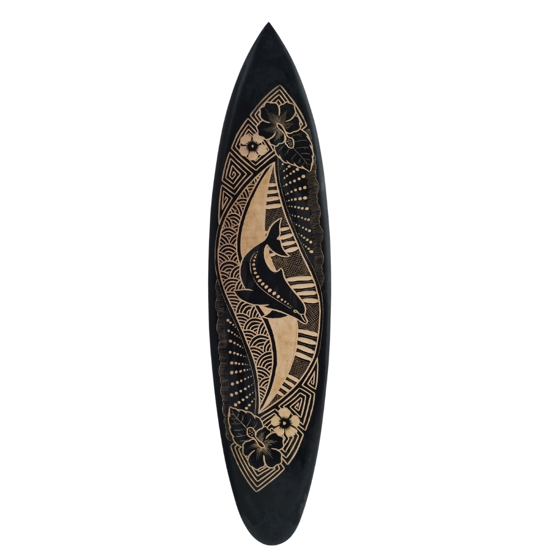 A collection of six hand-carved wooden surfboard wall art in black and natural tones, featuring various tropical designs.