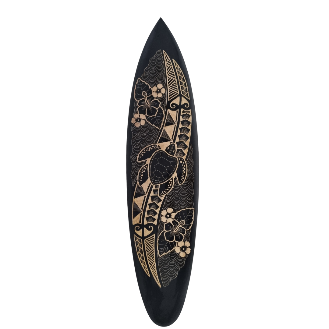 wooden surfboard wall art in black and natural tones, featuring various tropical designs.