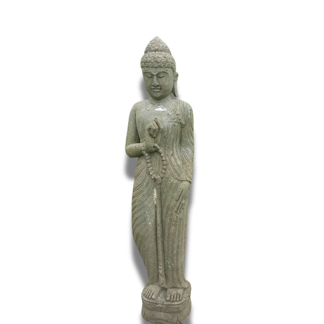 Standing green stone Buddha statue on white background, holding prayer beads, with finely carved flowing robes and detailed facial features