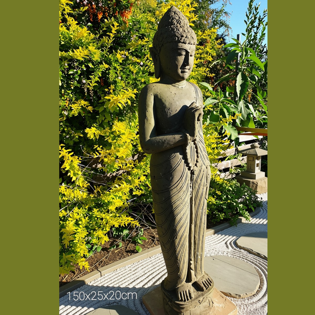 A standing garden  in a natural outdoor setting with green and yellow foliage. The statue is made of weathered stone with a textured finish.