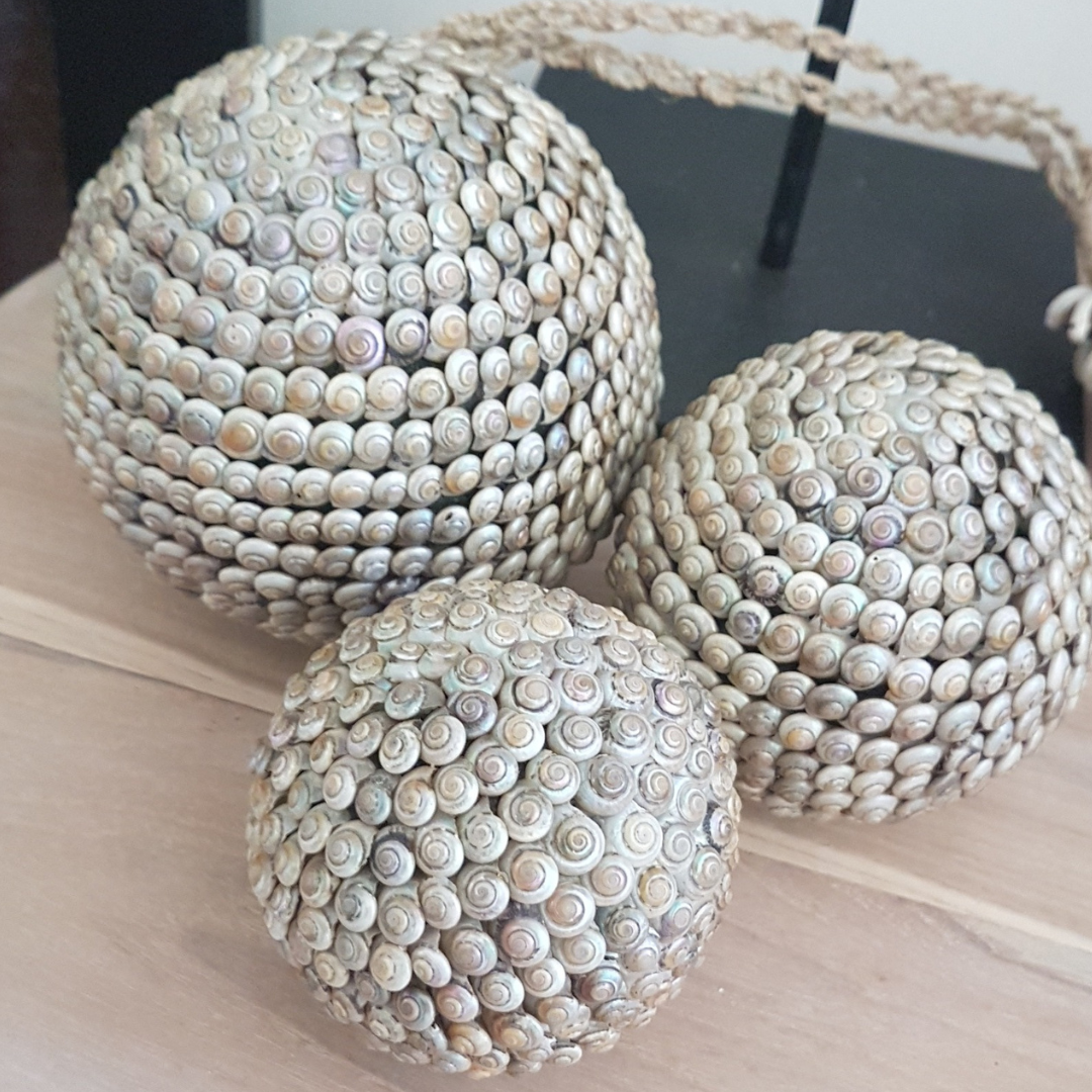 Exquisite Shell Balls Décor – Neutral tone shell balls beach house styling close up photo